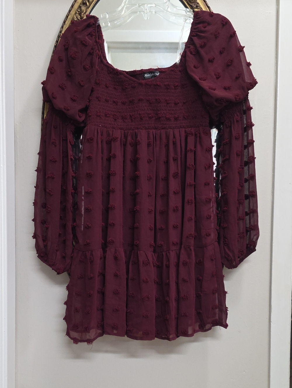 Midnight Doll  Burgundy Swiss Dot Long-Sleeve Babydoll Dress Size S Coquette